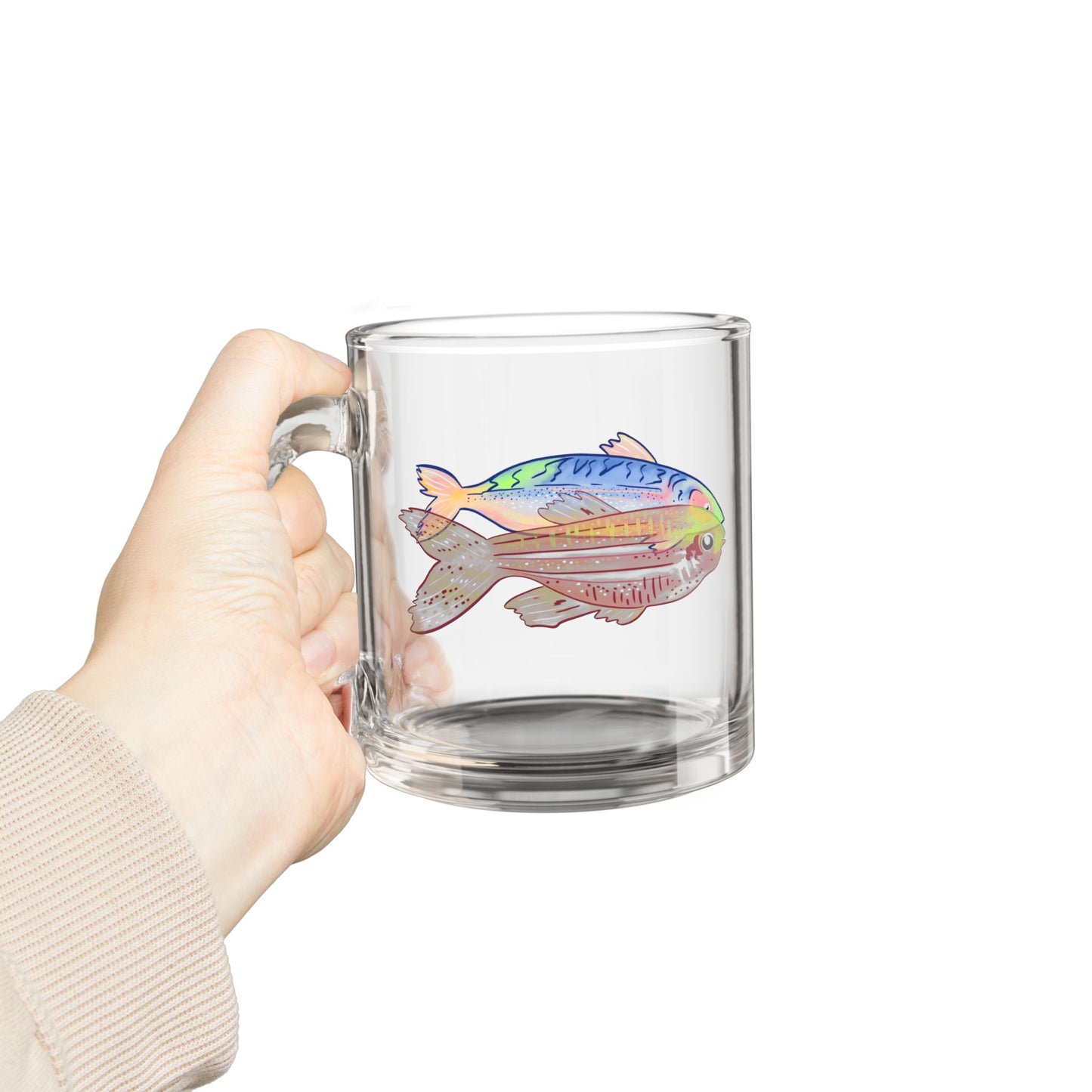 10oz Glass Mug — Colorful Watercolor Fish