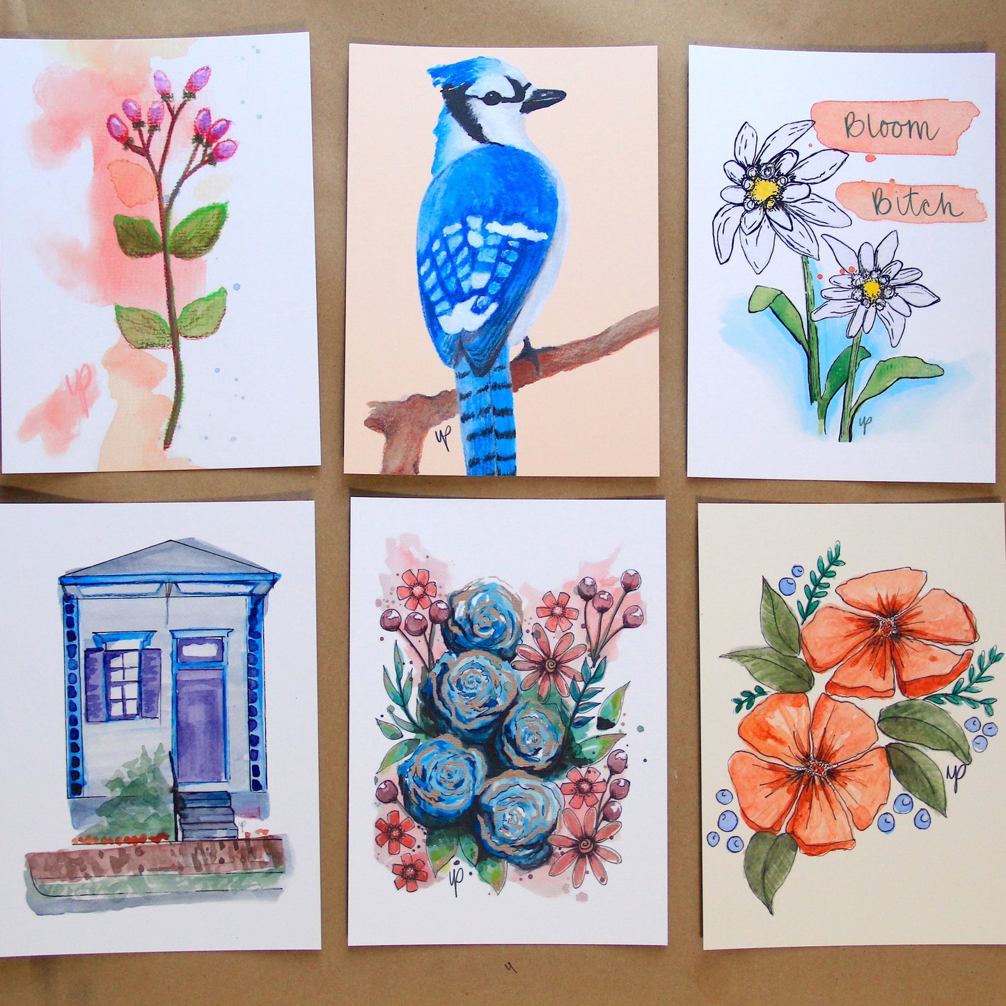 Postcard Print - Blue Cherry Doodle Flower