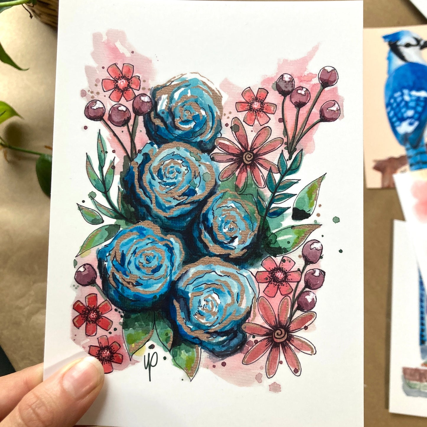 Postcard Print - Blue Cherry Doodle Flower