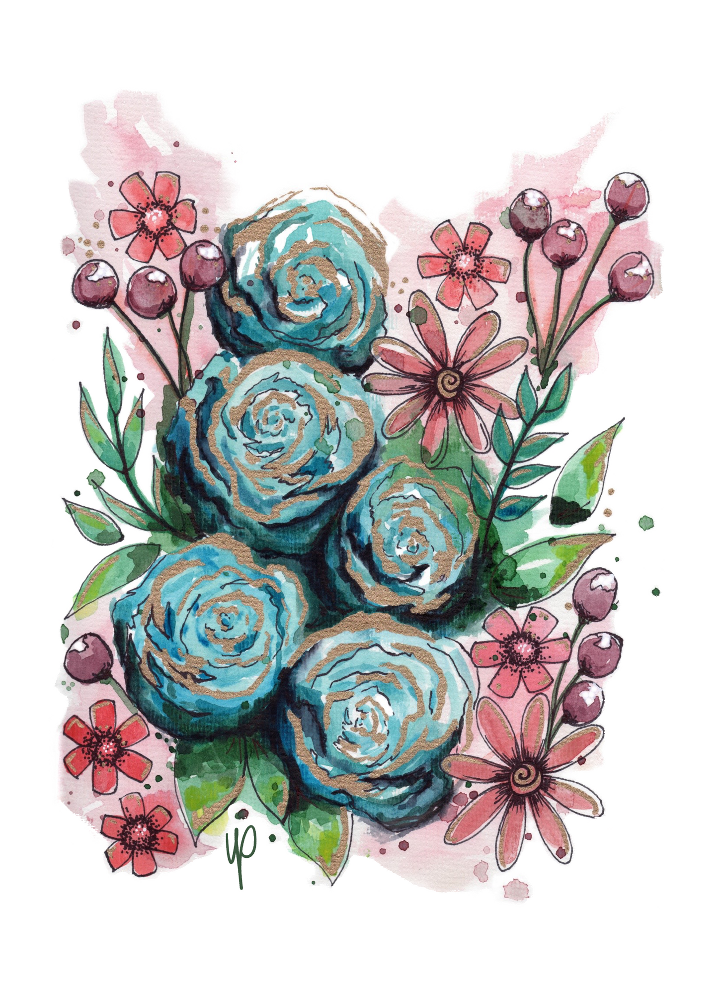 Postcard Print - Blue Cherry Doodle Flower
