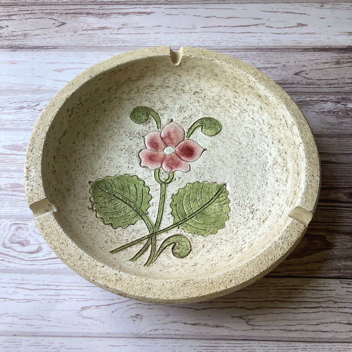 Ashtray - Stoneware Circular Dish with Pink Flower