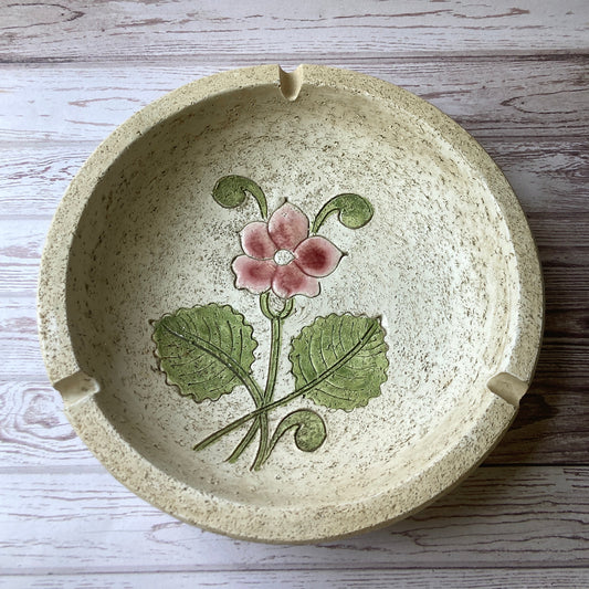 Stoneware Circular Dish with Pink Flower