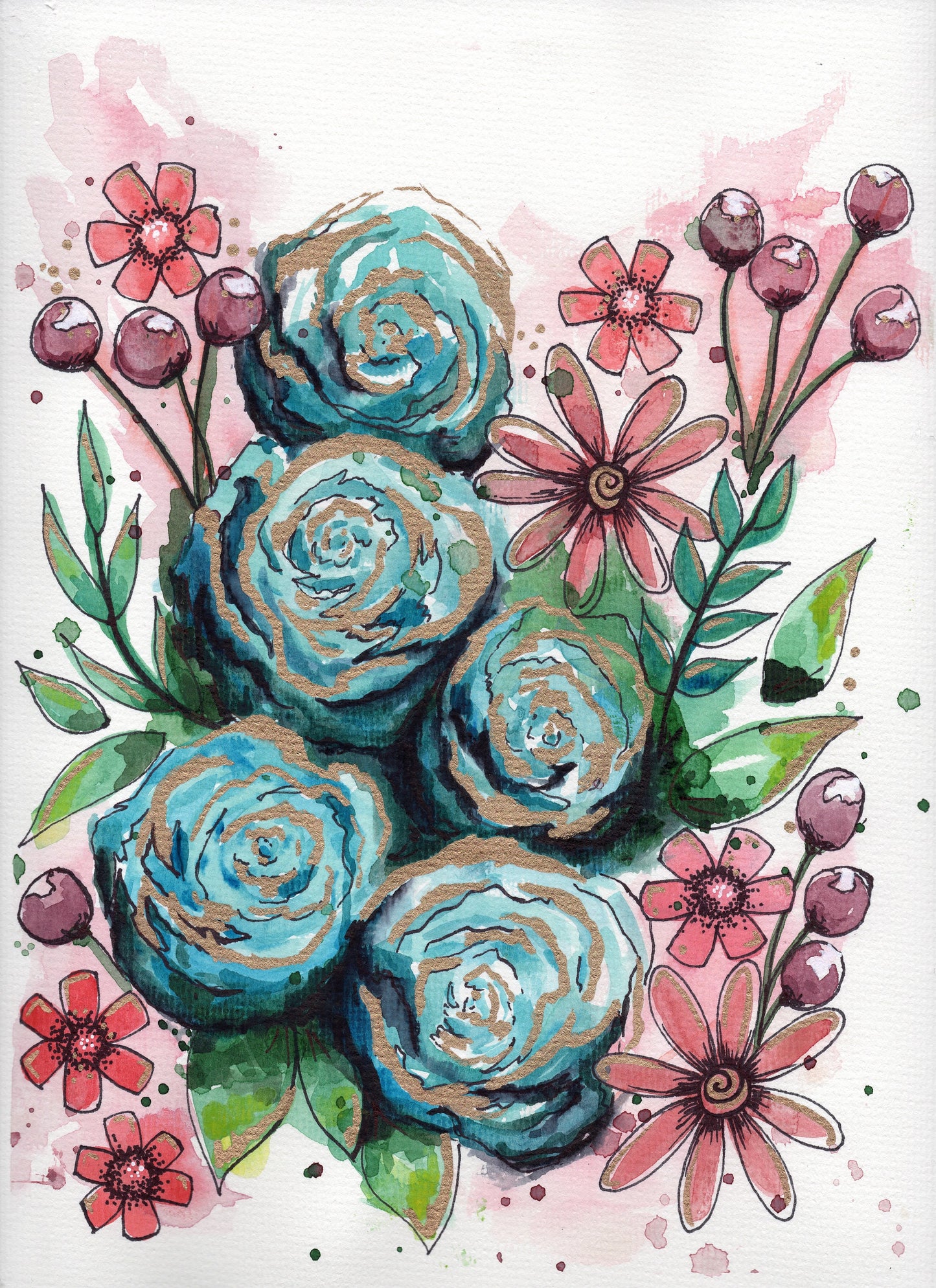 Doodle Flower: Blue Cherry - 8x10 Print FRAMED