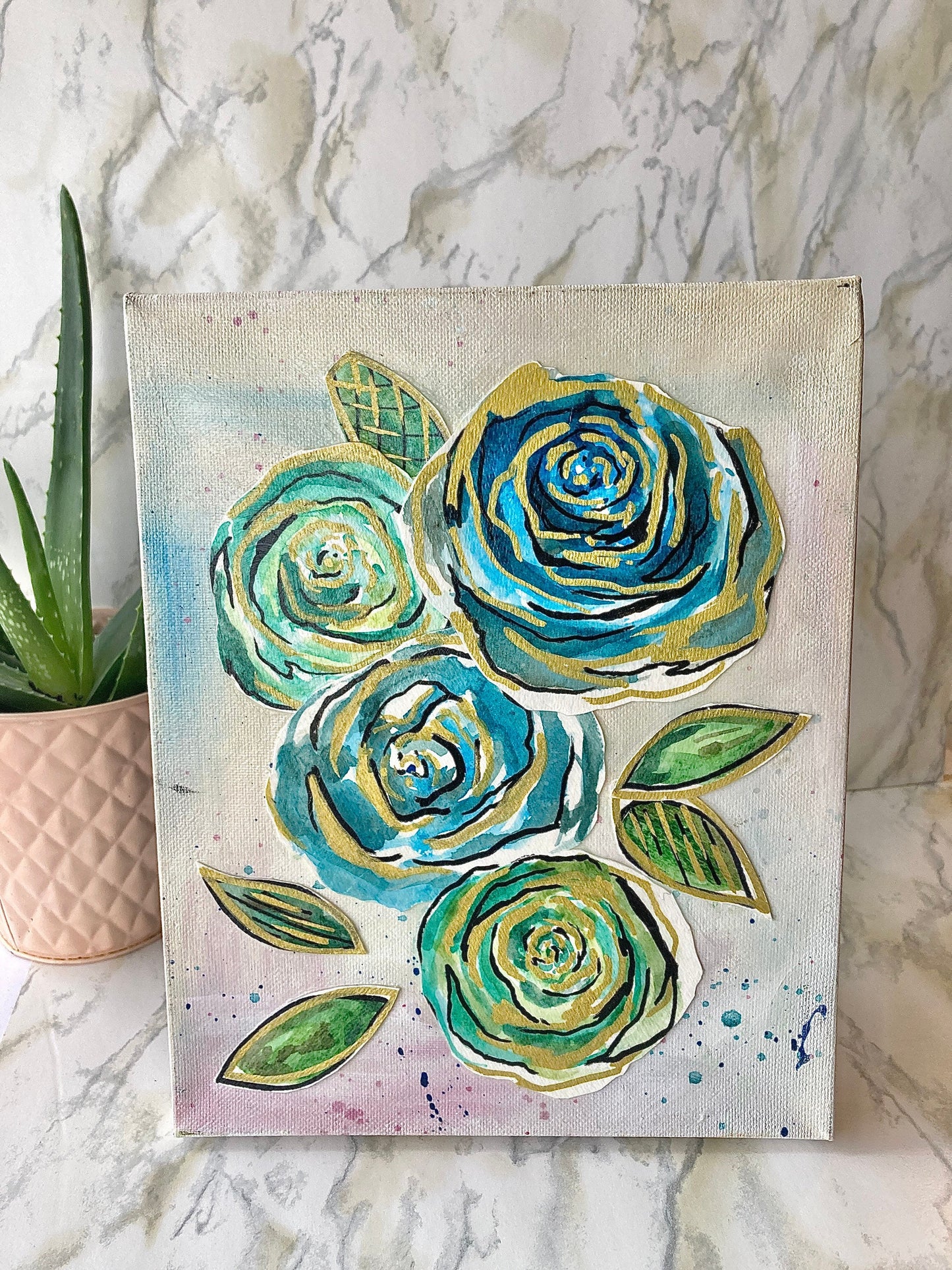 Navy Doodle Flower Collage, Original