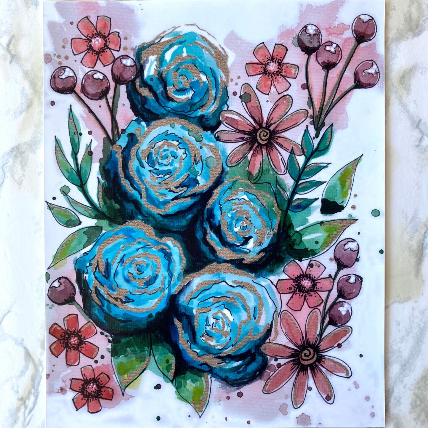 Doodle Flower: Blue Cherry - 8x10 Print FRAMED