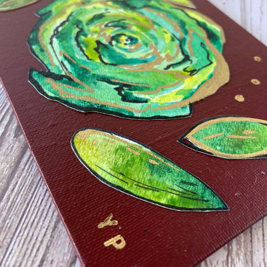 Small Lime Green Doodle Flower, Metallic Gold, Original Painting Collage