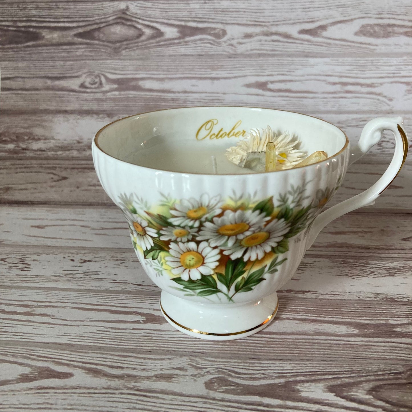 Teacup Candle - Vanilla - Hidden Crystals - October Daisy Royal Dover English Fine Bone China