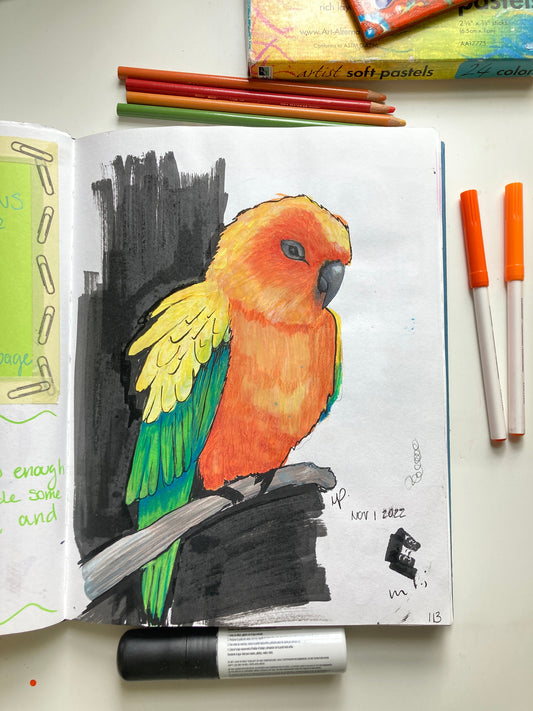 Sketchbook on table with a marker drawing of a orange tropical bird perched on a branch.