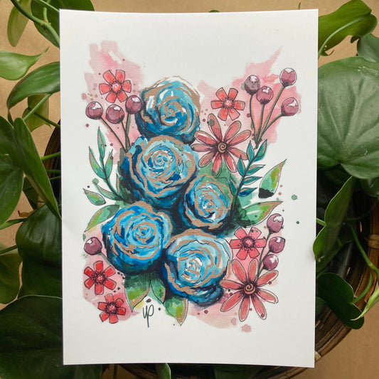 Postcard Print - Blue Cherry Doodle Flower