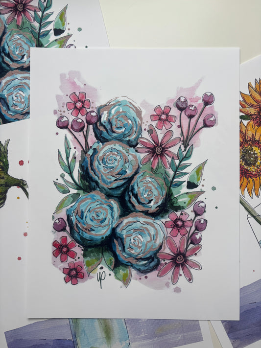 Large Art Print - Blue Cherry Doodle Flower