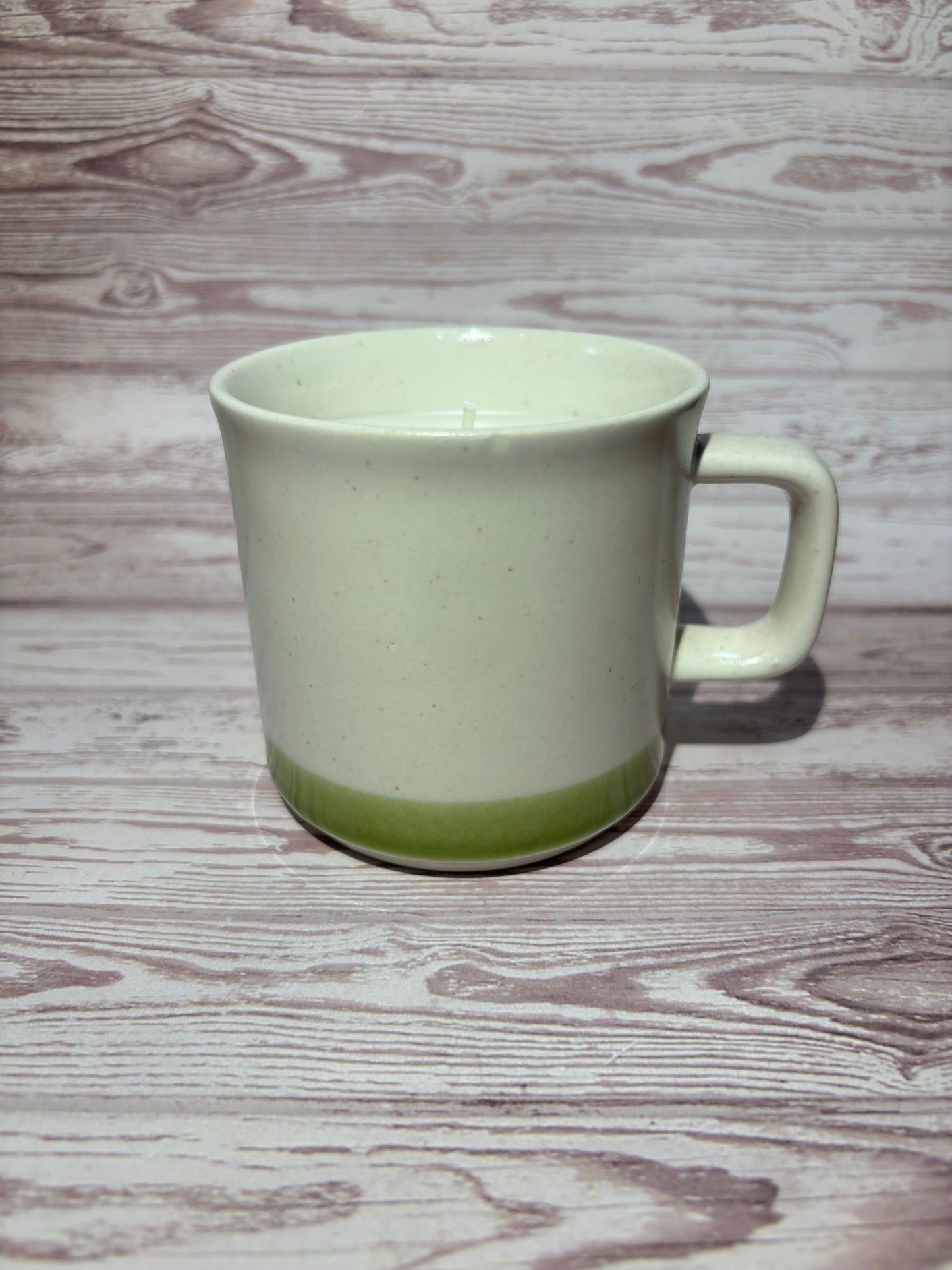 Mug Candle - Green Stripe Stoneware - White Tea Scent