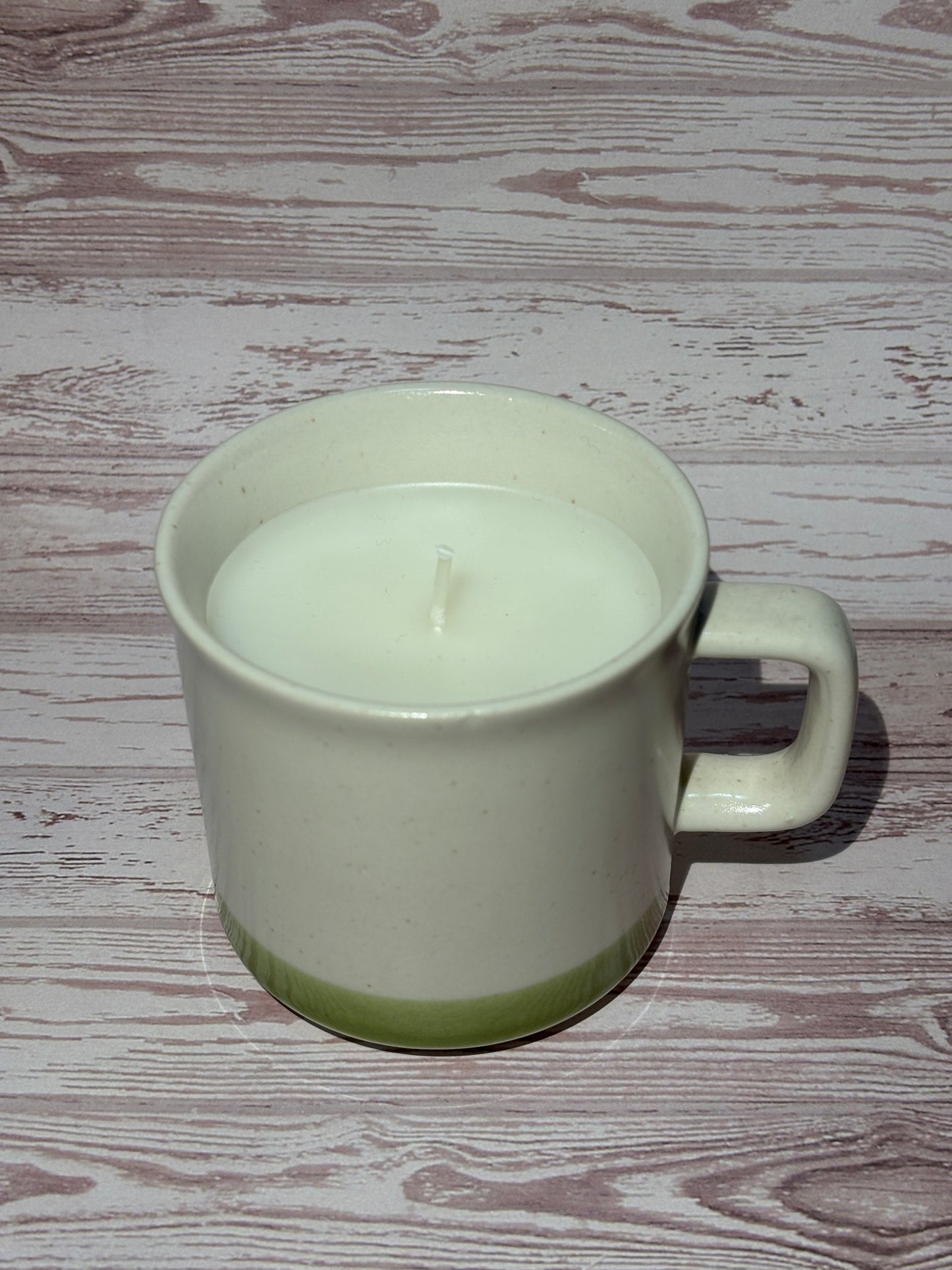 Mug Candle - Green Stripe Stoneware - White Tea Scent