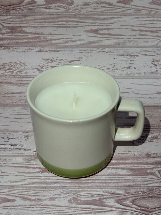 Mug Candle - Green Stripe Stoneware - White Tea Scent