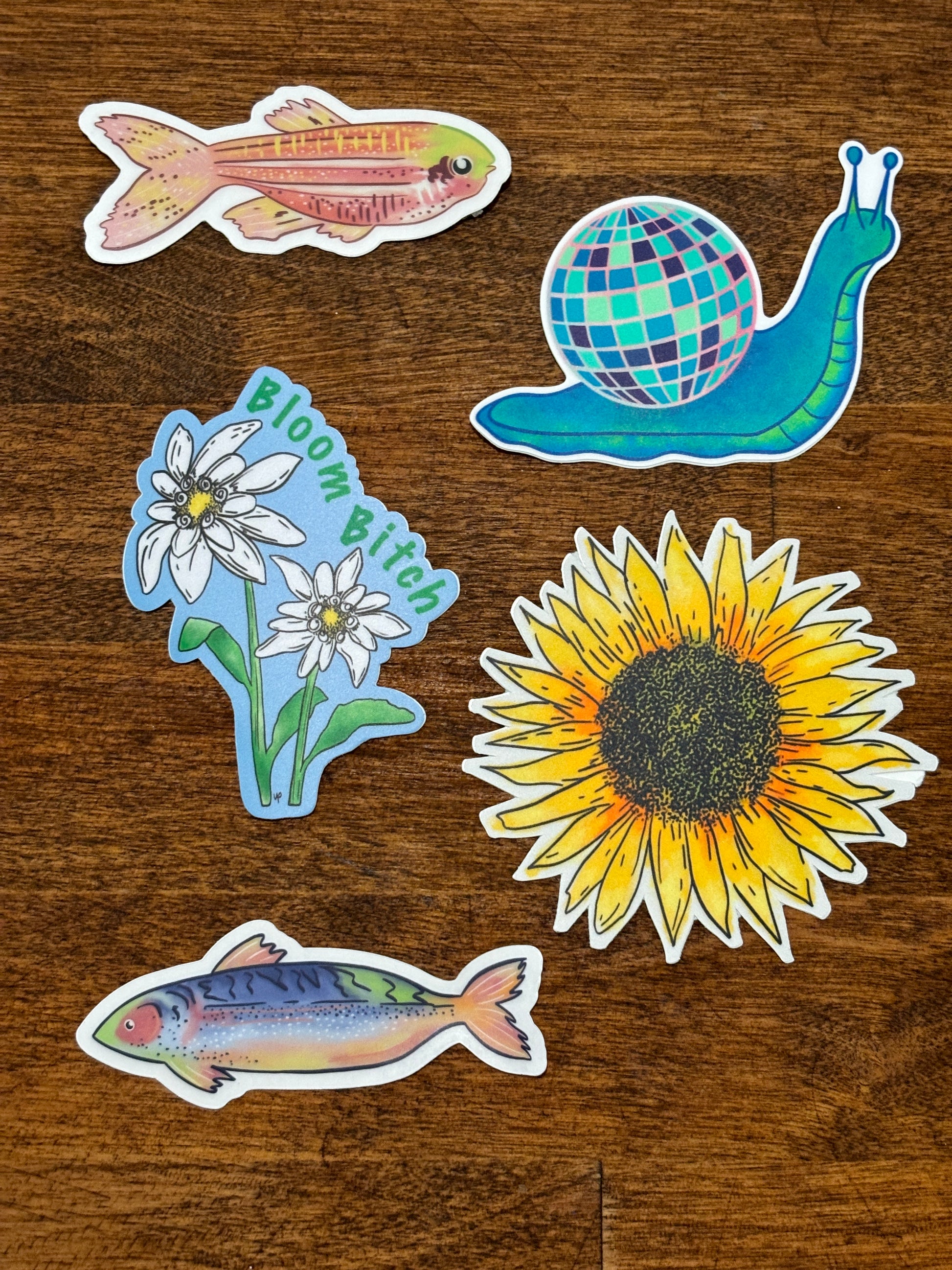 Set of colorful stickers including a sunflower, fish, and nature-themed design on a wooden surface.