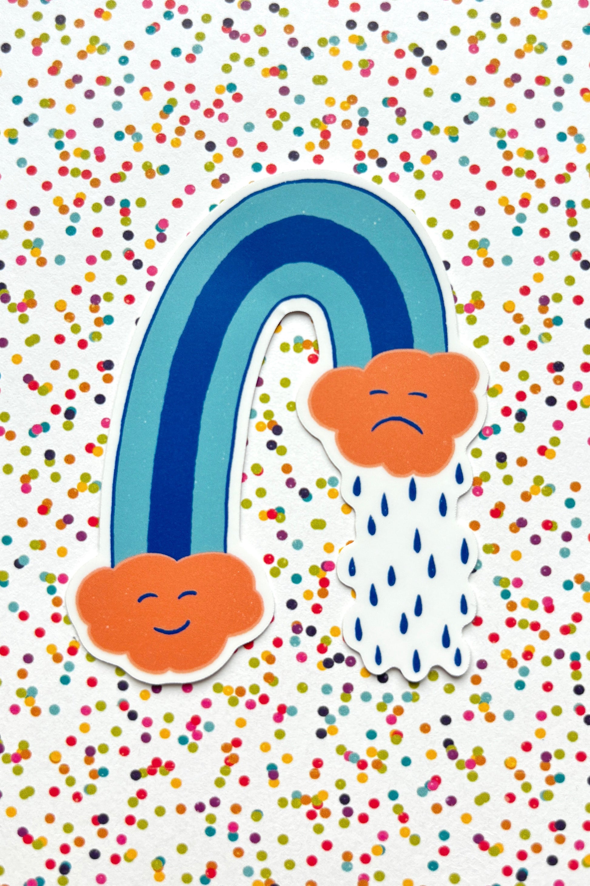 Cartoon rainbow and clouds on a background with colorful dots