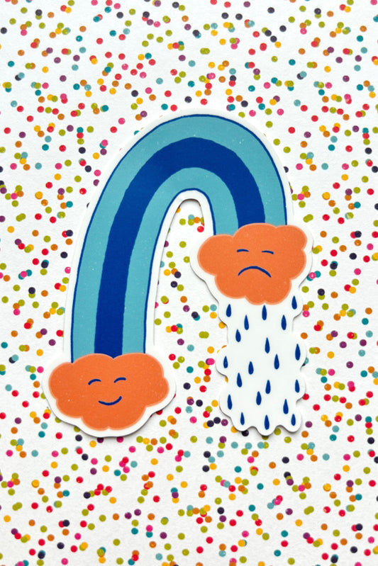 Cartoon rainbow and clouds on a background with colorful dots