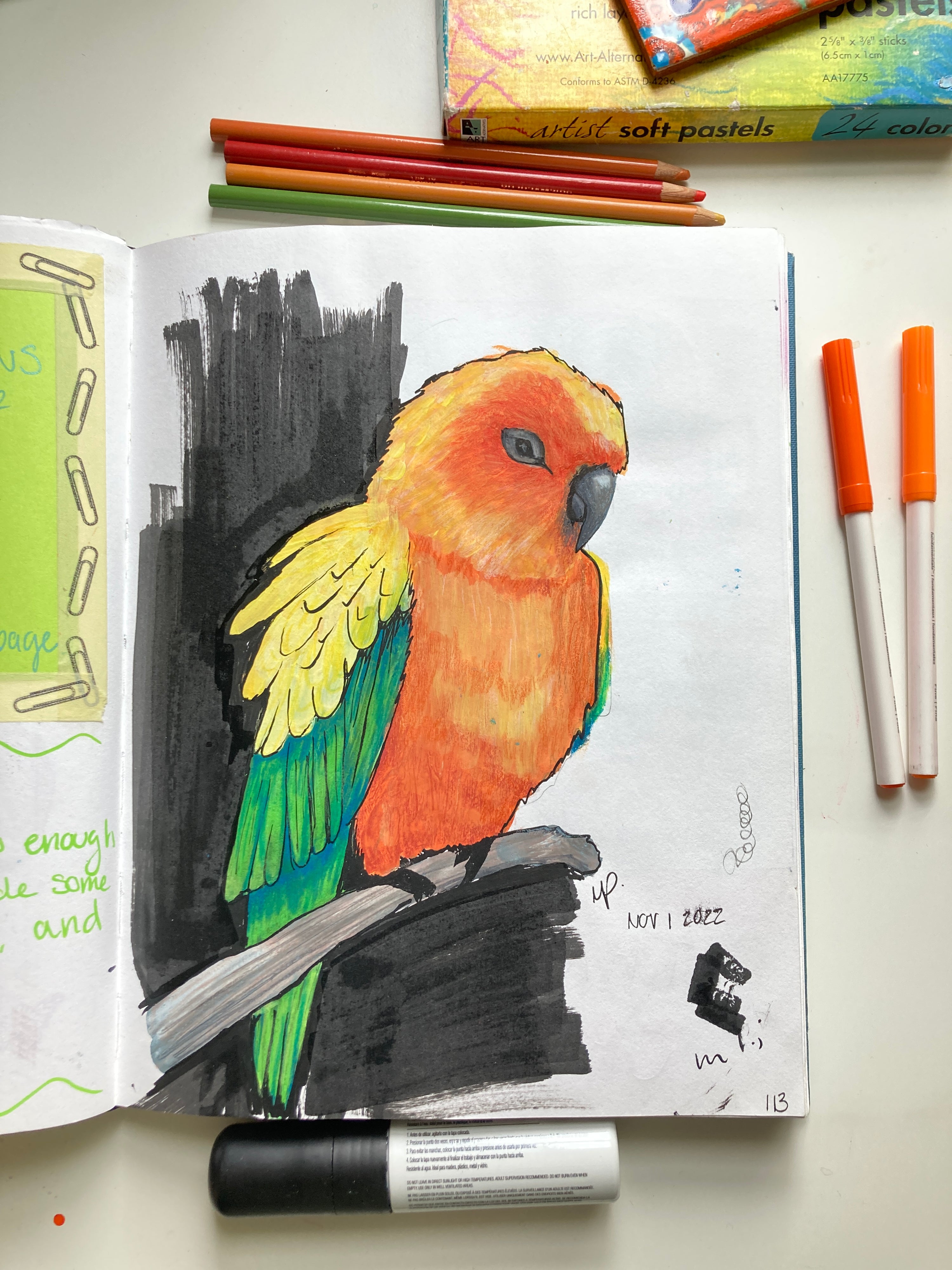 Sketchbook layout on white table with drawing of a colorful, orange, yellow, and green parrot with half of the background painted black. Markers and color pencil laid out around the sketchbook on the table. 