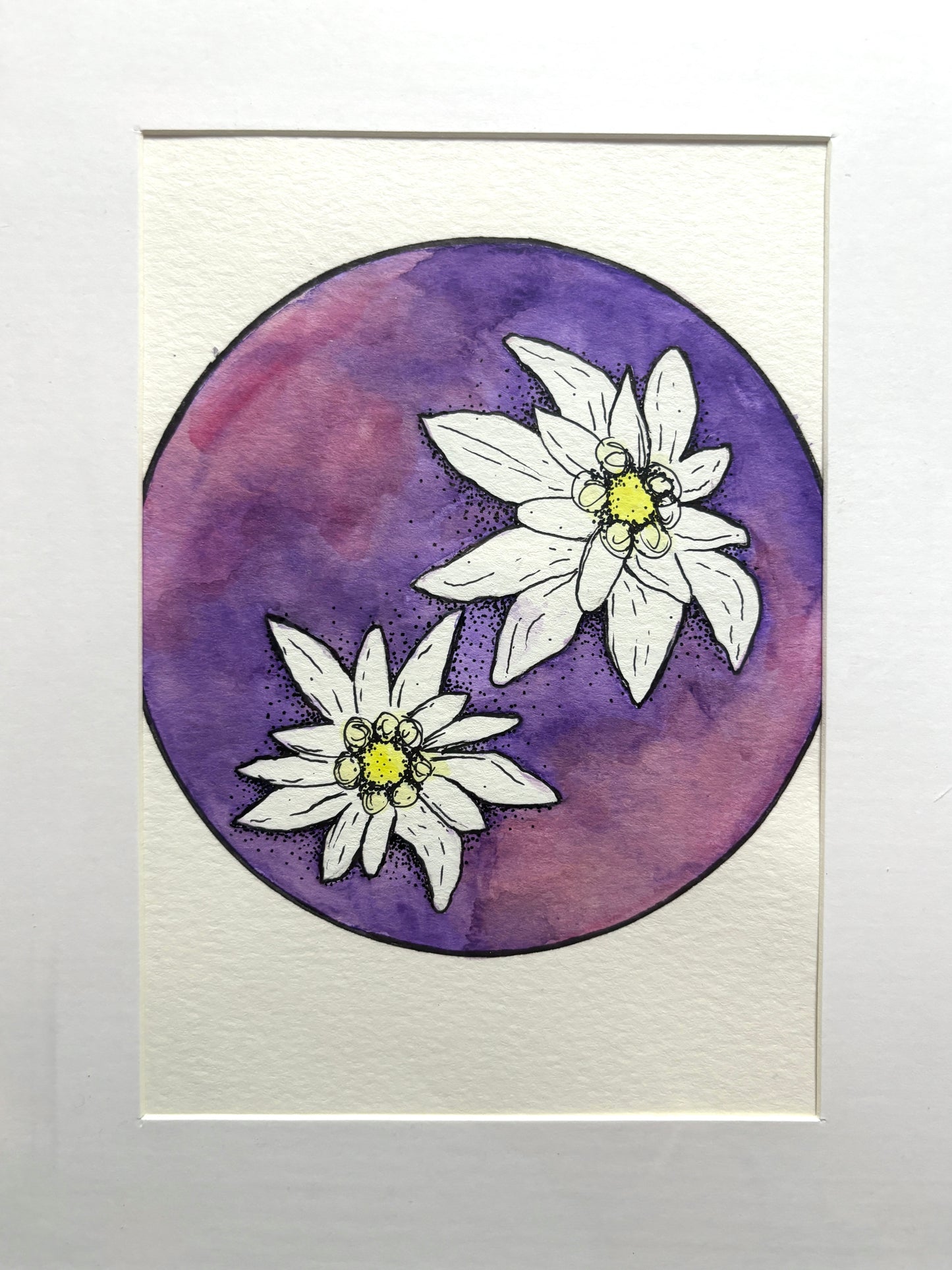 5x7 Framed Watercolor Painting, Purple Space Flowers