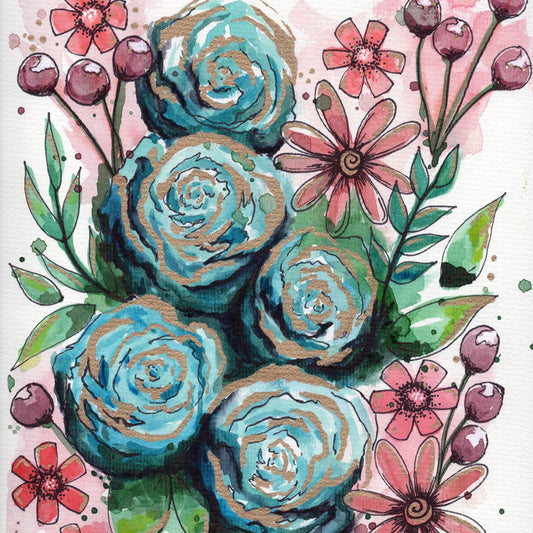 Doodle Flower: Blue Cherry - Original Watercolor Painting