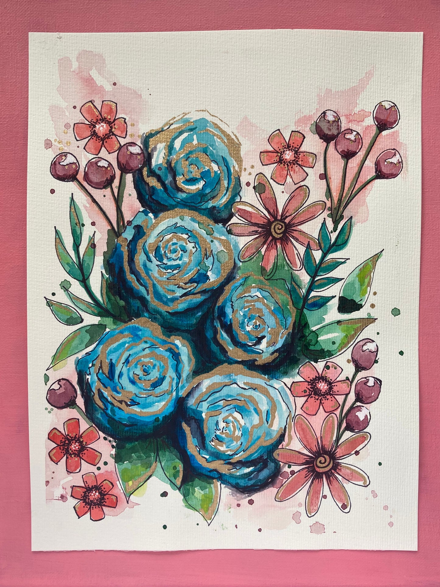 Doodle Flower: Blue Cherry - Original Watercolor Painting