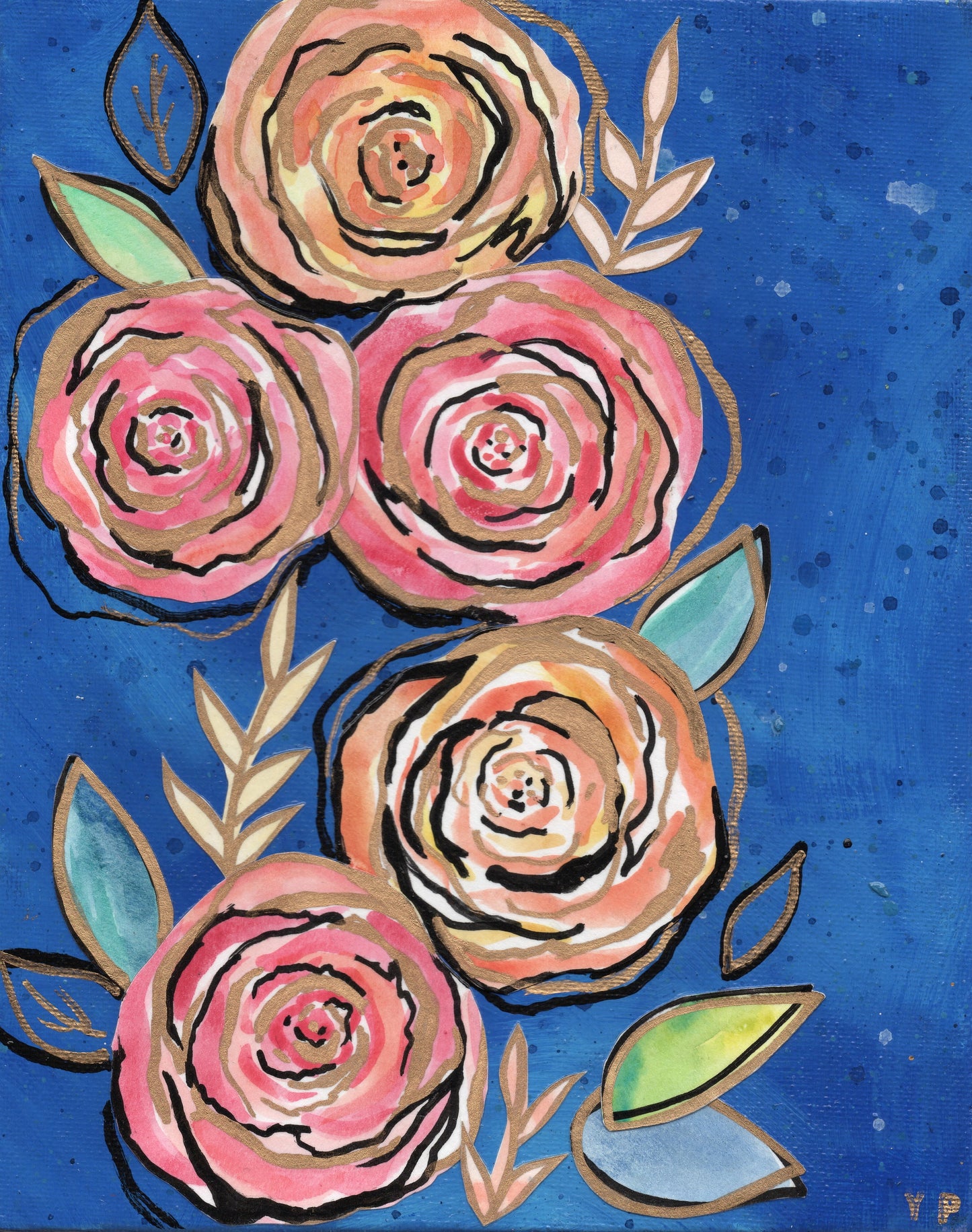 Doodle Flower -Midnight Peaches - Original Mixed Media Painting