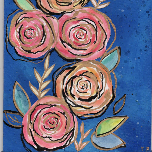 Doodle Flower -Midnight Peaches - Original Mixed Media Painting