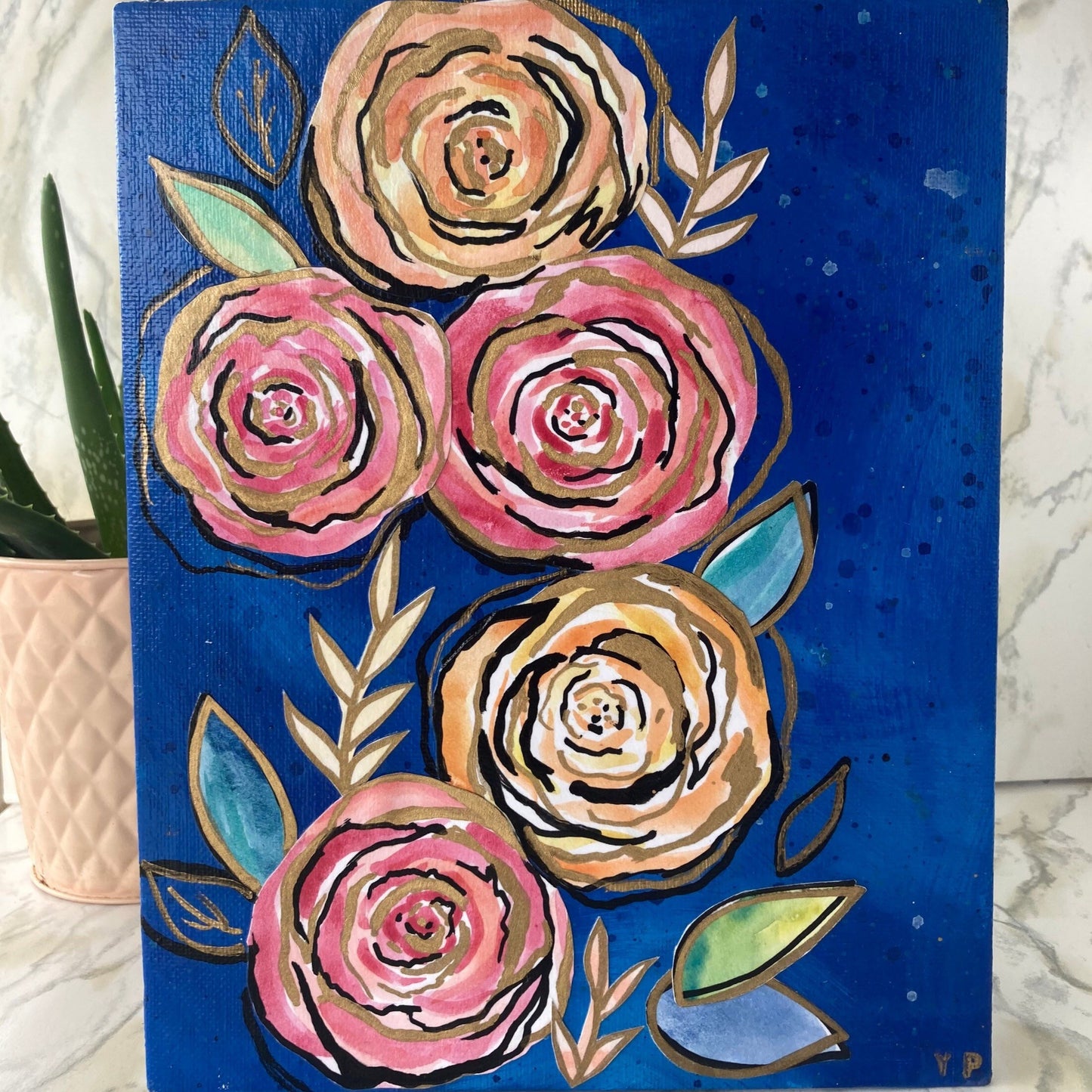 Doodle Flower -Midnight Peaches - Original Mixed Media Painting