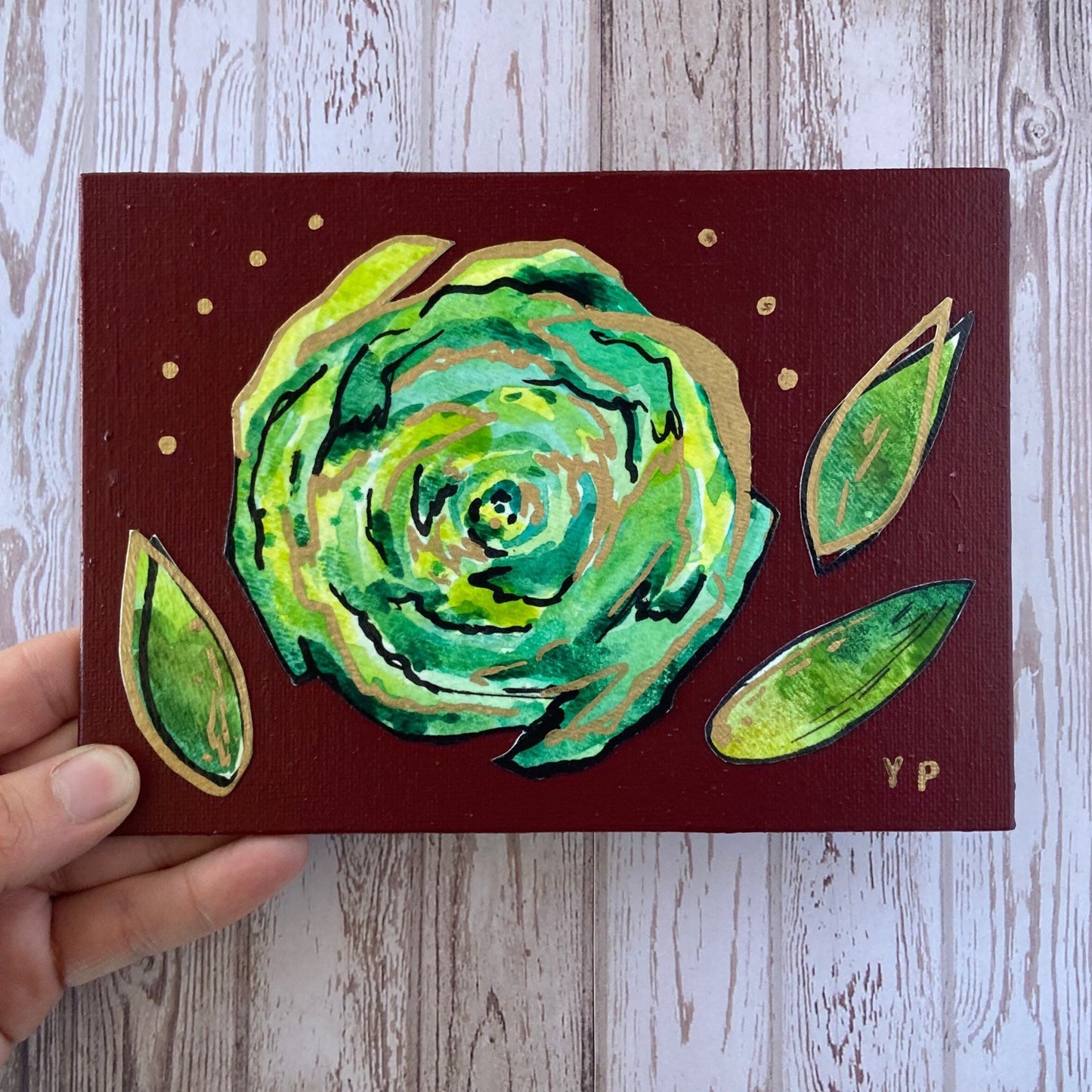 Small Lime Green Doodle Flower, Metallic Gold, Original Painting Collage