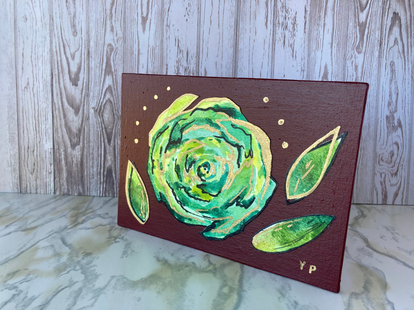 Small Lime Green Doodle Flower, Metallic Gold, Original Painting Collage