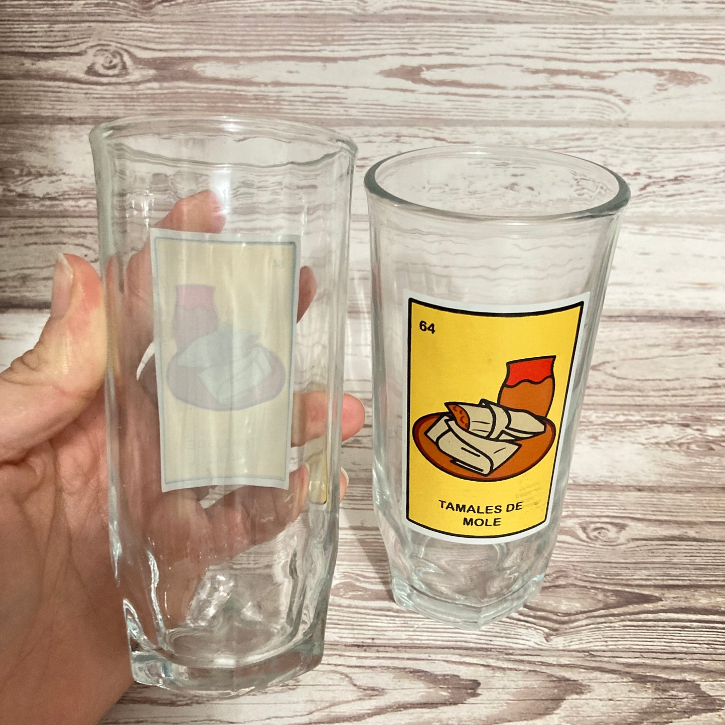 Drinkware - Pair of Dona Maria Crisa Mole Glasses "Tamales de Mole" Loteria Card