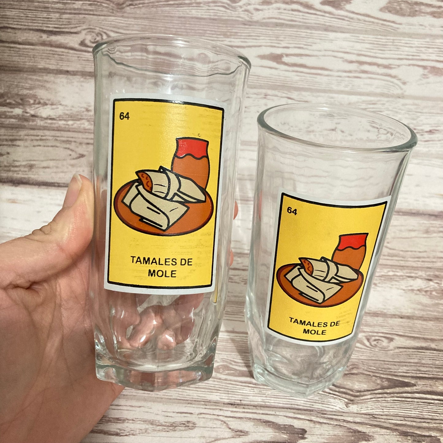 Drinkware - Pair of Dona Maria Crisa Mole Glasses "Tamales de Mole" Loteria Card