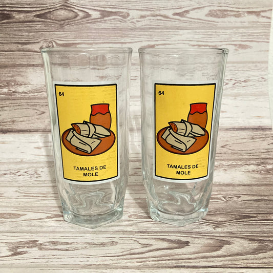 Drinkware - Pair of Dona Maria Crisa Mole Glasses "Tamales de Mole" Loteria Card