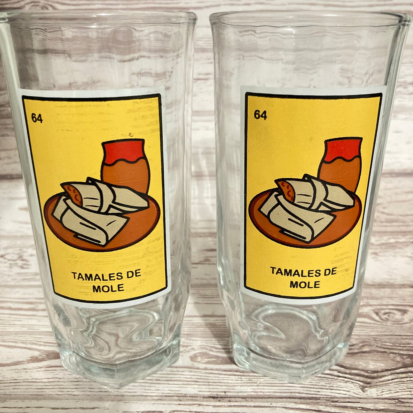 Drinkware - Pair of Dona Maria Crisa Mole Glasses "Tamales de Mole" Loteria Card